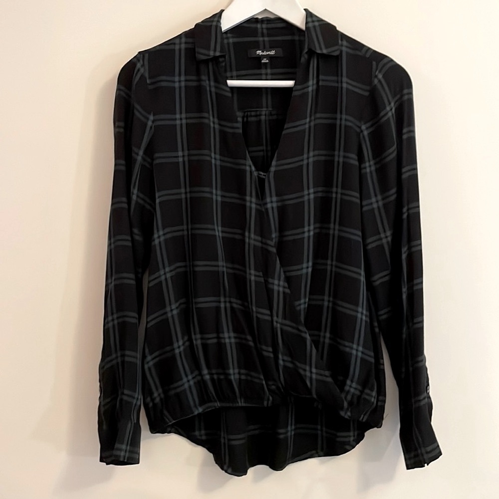 Long sleeve Madewell XS Black Green Windowpane Crossover Blouse